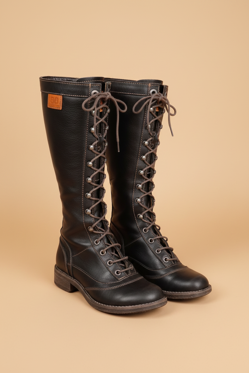 Bottes cuir marron fond beige