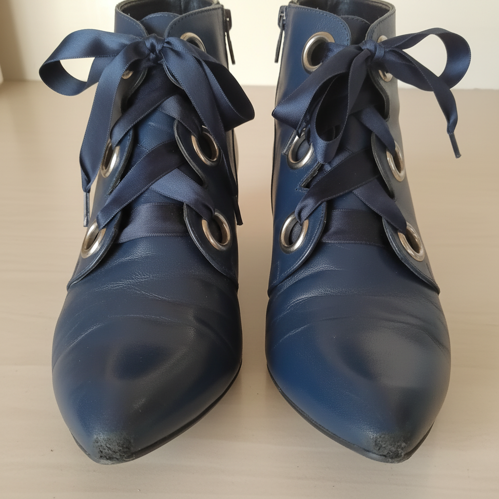 Bottines bleu nuit défauts bouts fond beige