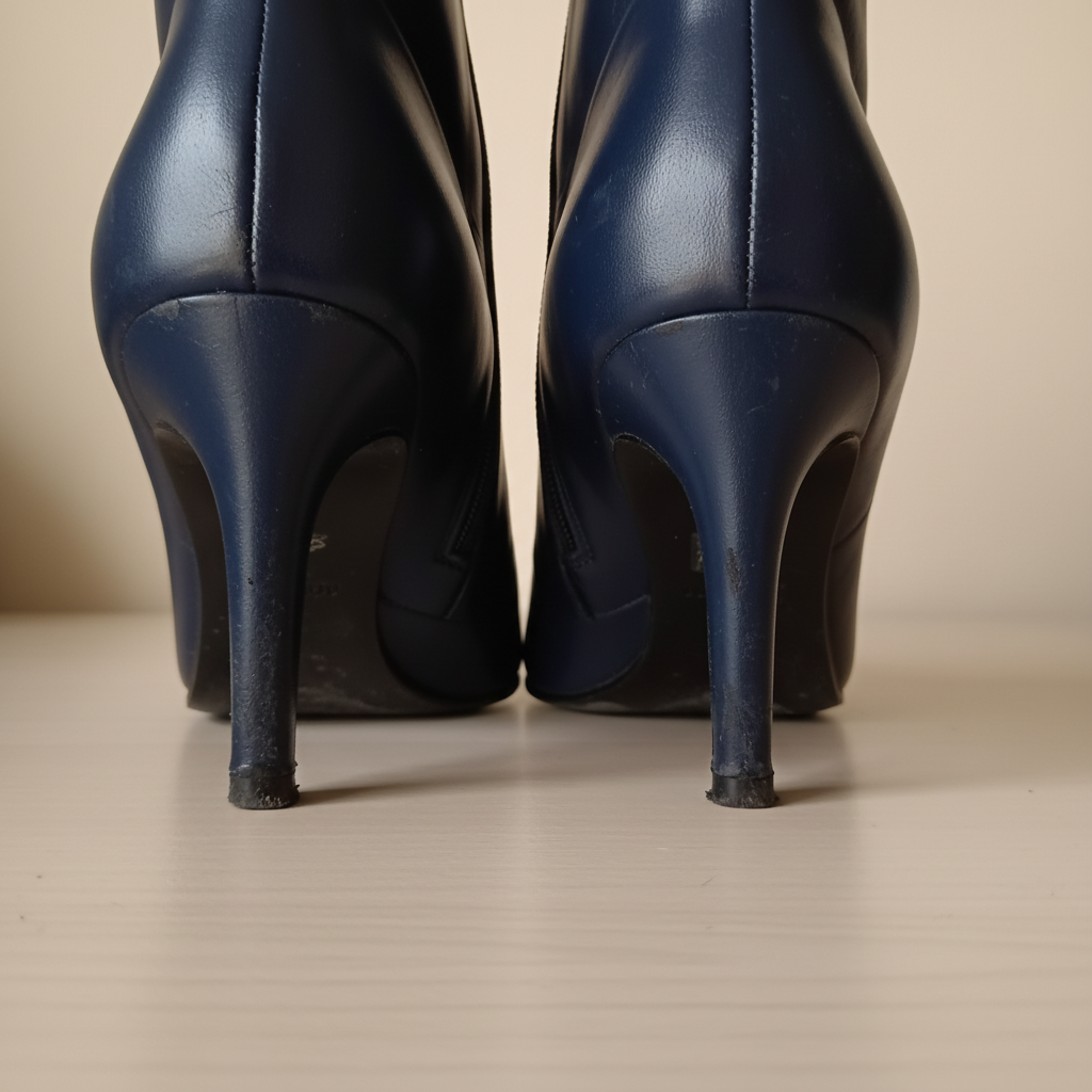 Bottines bleu nuit talons défauts fond beige