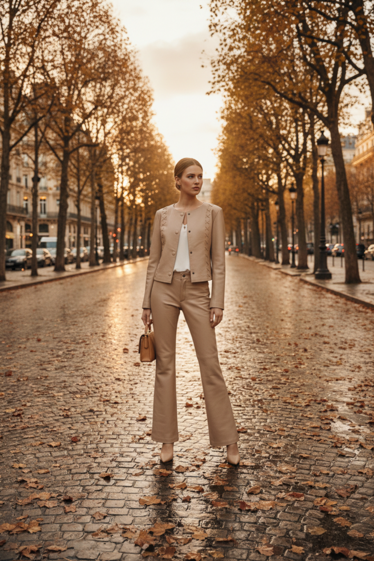 Tailleur vintage cuir beige Boulevard parisien