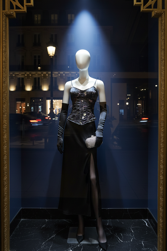 Bustier corset noir brodé vitrine parisienne nocturne