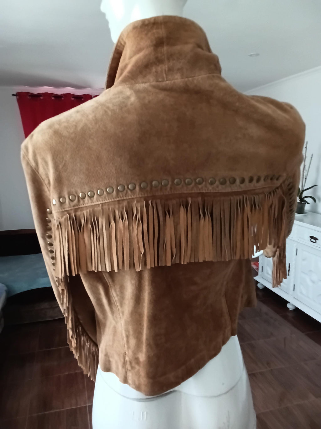Veste Vintage Cuir Velours Camel à Franges — Taille S | Seconde Main