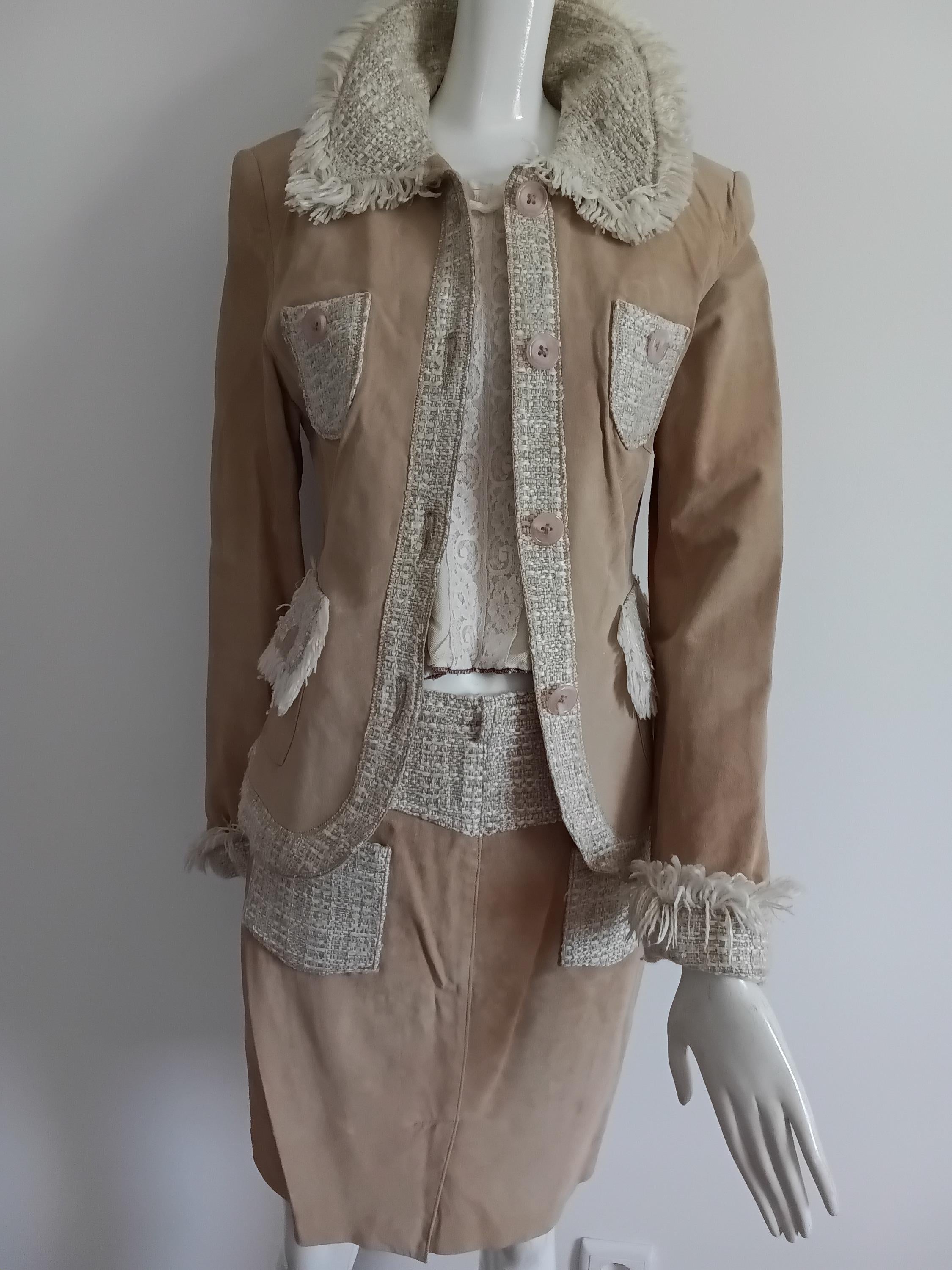 Vintage blazer et jupe cuir velours & tweed beige frangé — Style Haute Couture — Taille 36