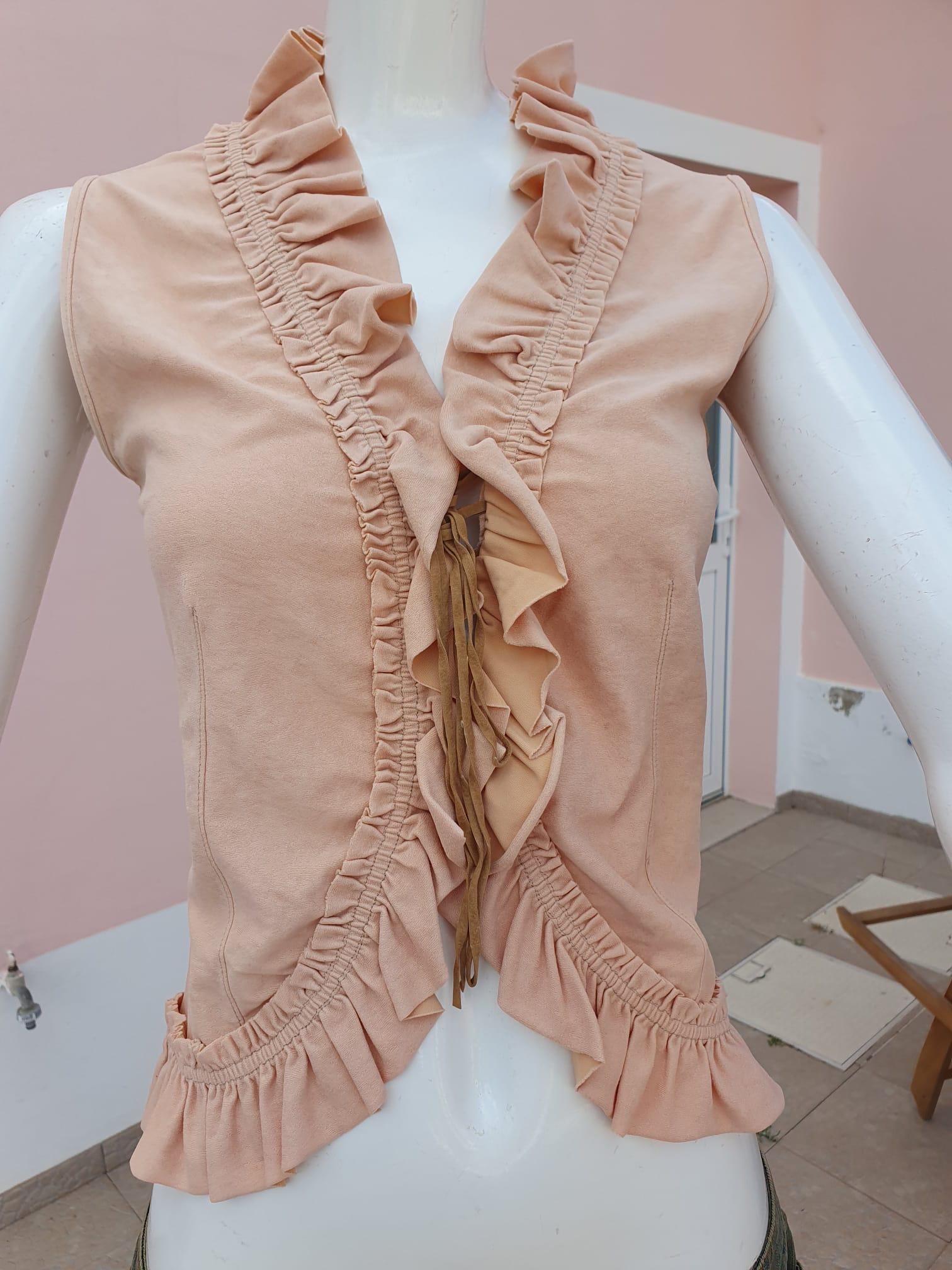 Débardeur Vintage Romantique Beige Rosé Volants — Années 2000 — Taille S