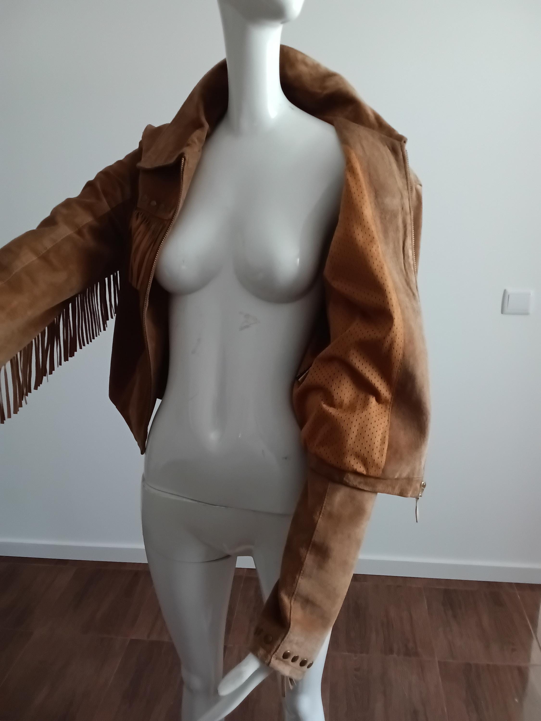 Veste Vintage Cuir Velours Camel à Franges — Taille S | Seconde Main