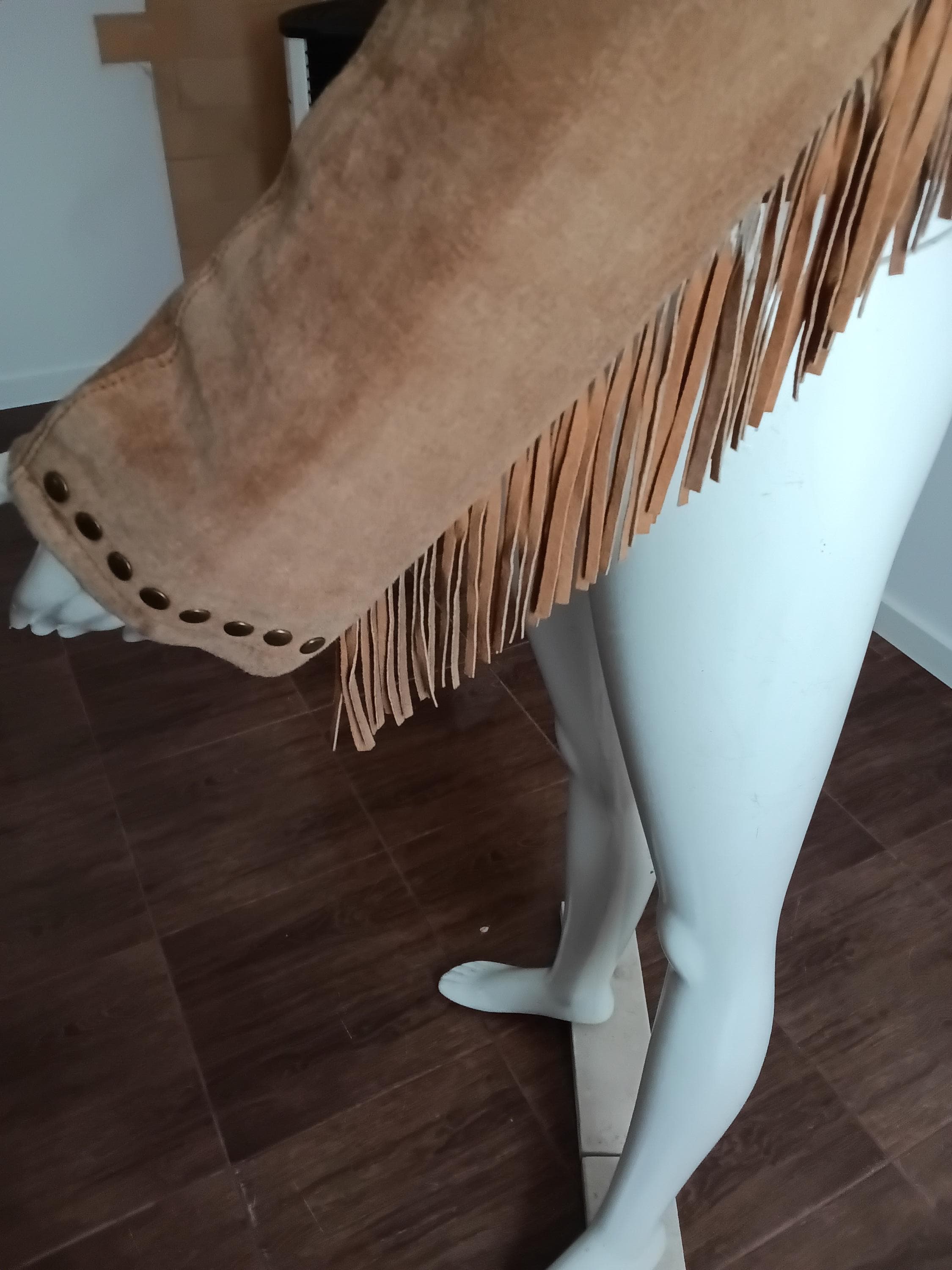 Veste Vintage Cuir Velours Camel à Franges — Taille S | Seconde Main