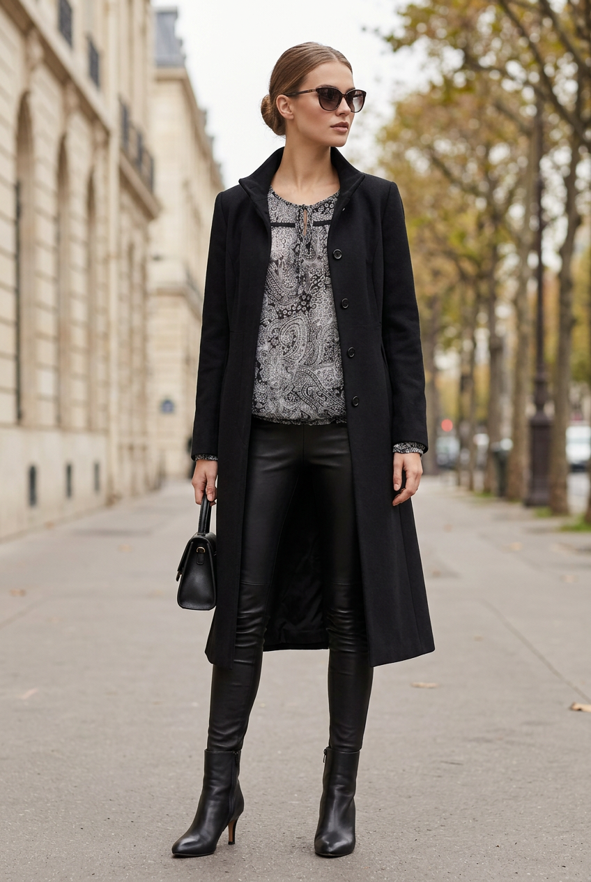 Blouse Patrizia Dini à imprimé cachemire portée avec un long manteau noir, un legging cuir et des bottines