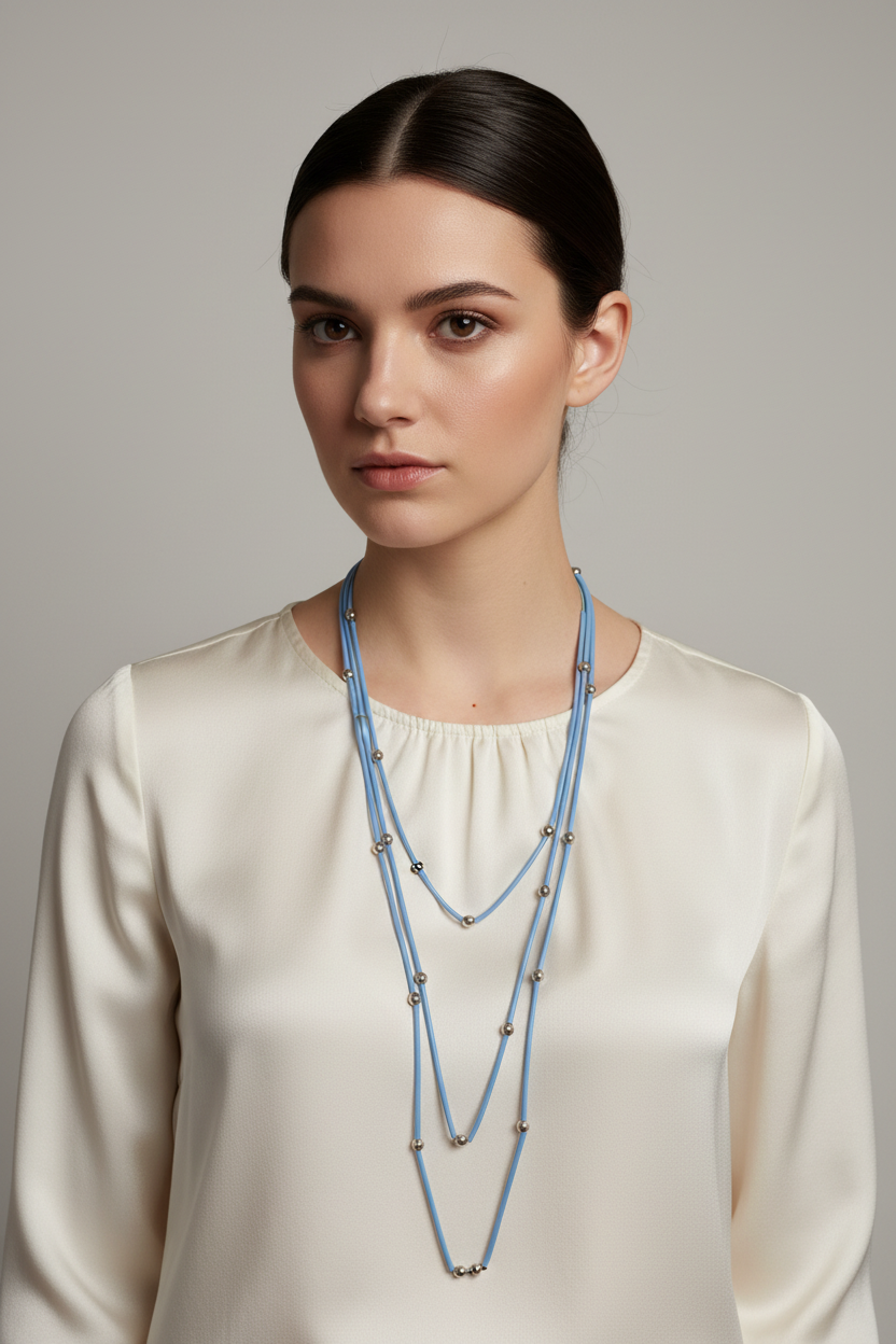 Collier 3 rangs bleu ciel — mise en scène mannequin