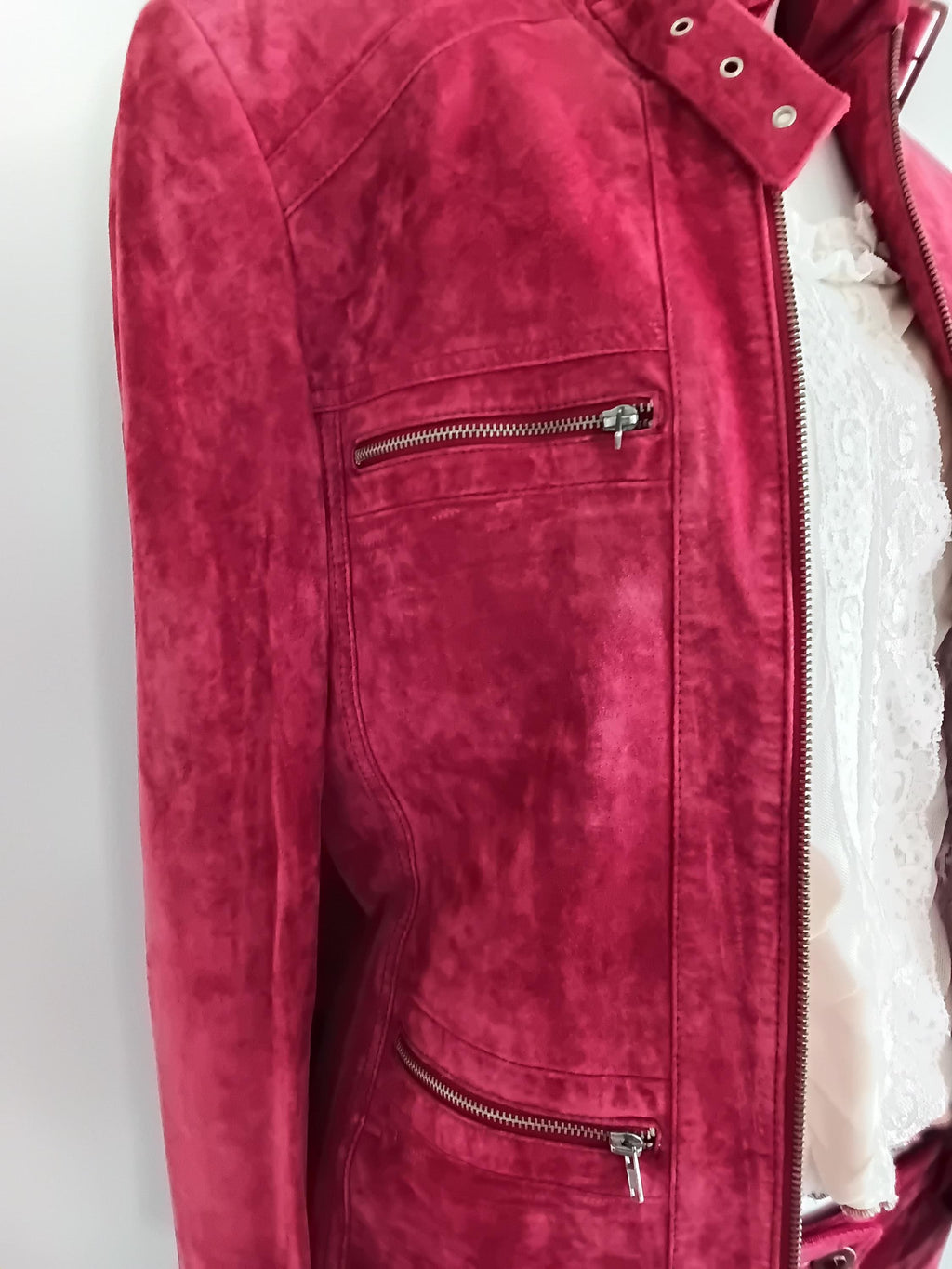 Vintage Tailleur pantalon cuir velours framboise — Taille 38 FR
