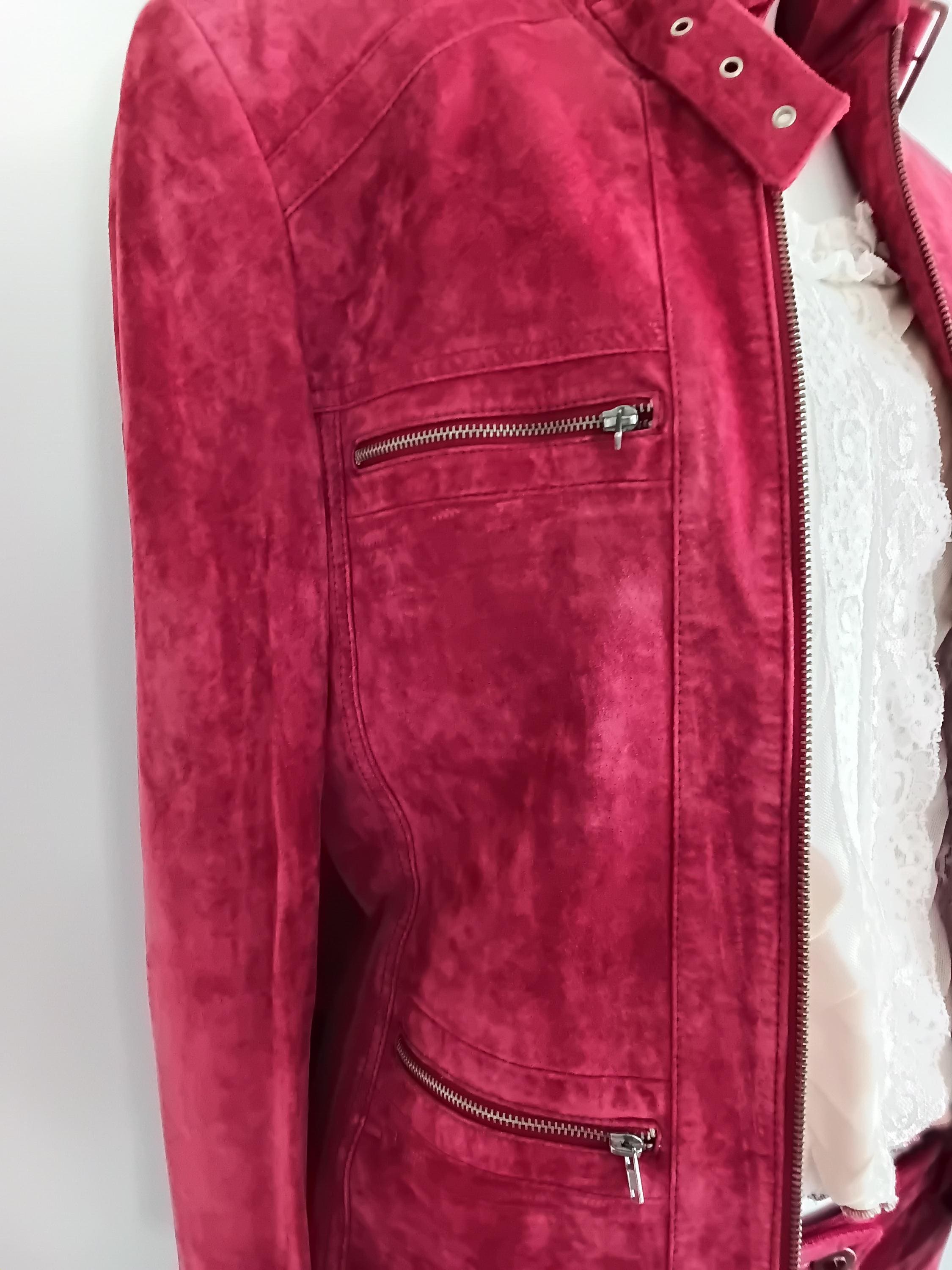 Vintage Tailleur pantalon cuir velours framboise — Taille 38 FR