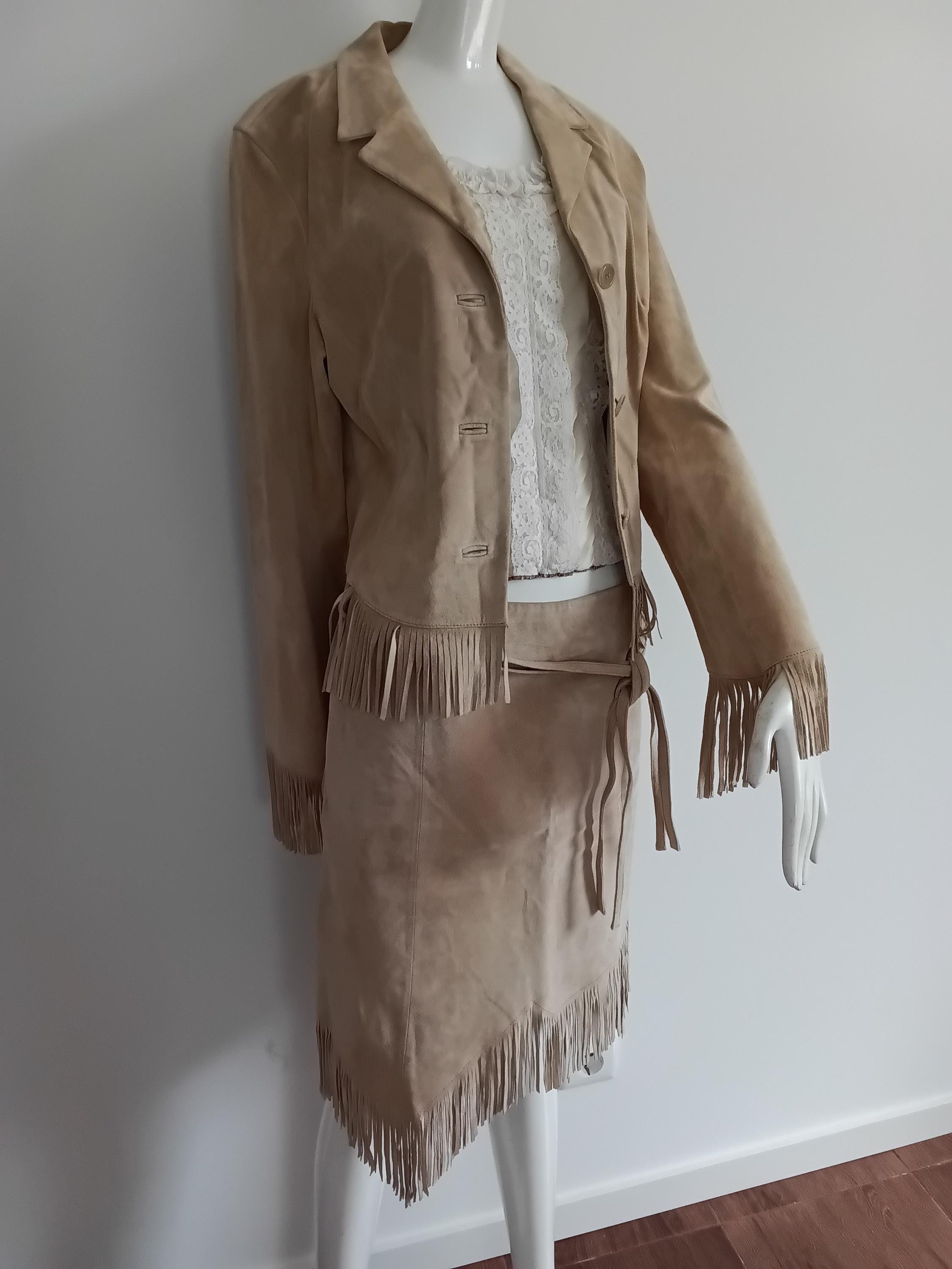 Vintage Tailleur jupe en cuir velours beige