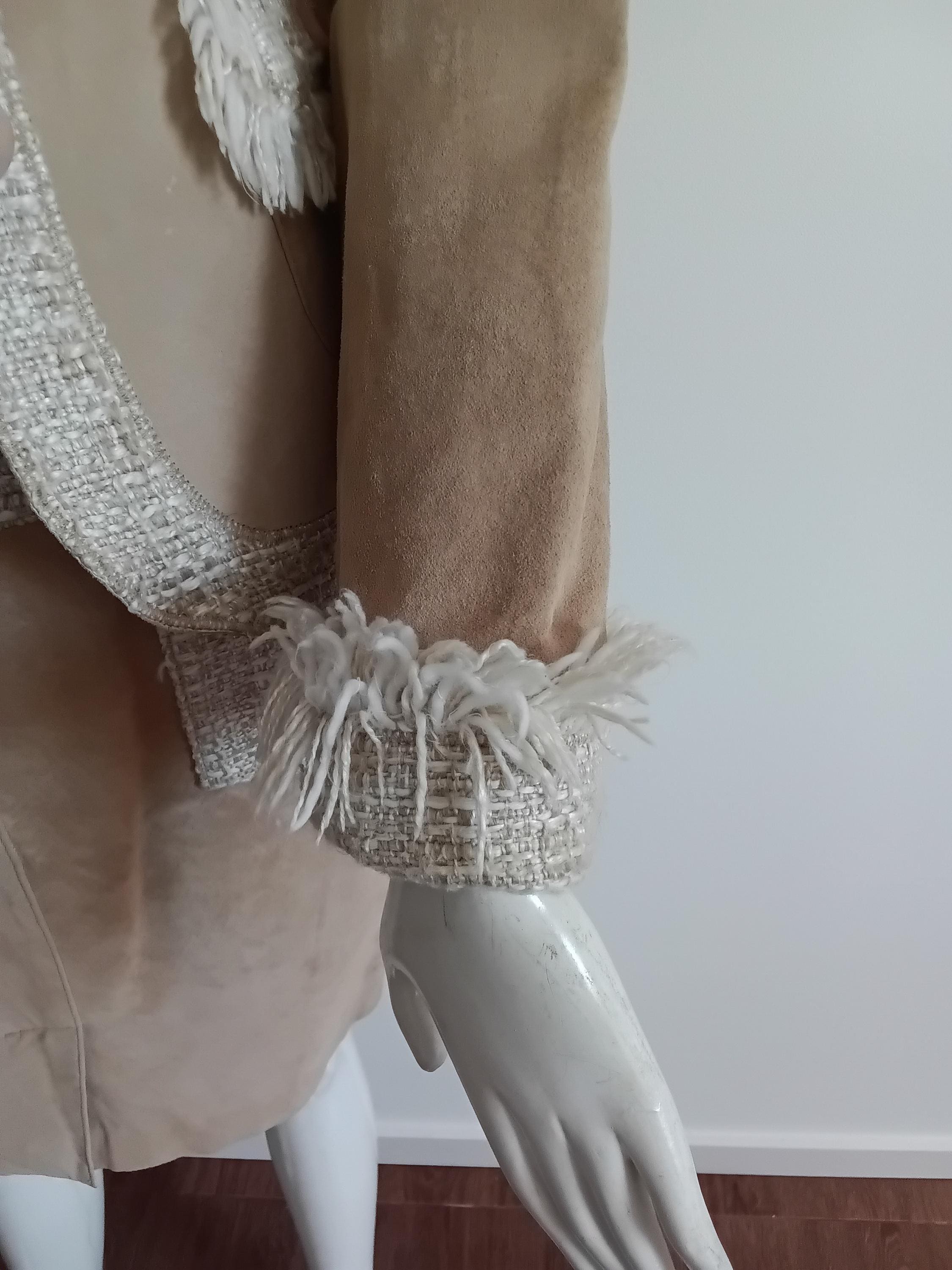 Vintage blazer et jupe cuir velours & tweed beige frangé — Style Haute Couture — Taille 36