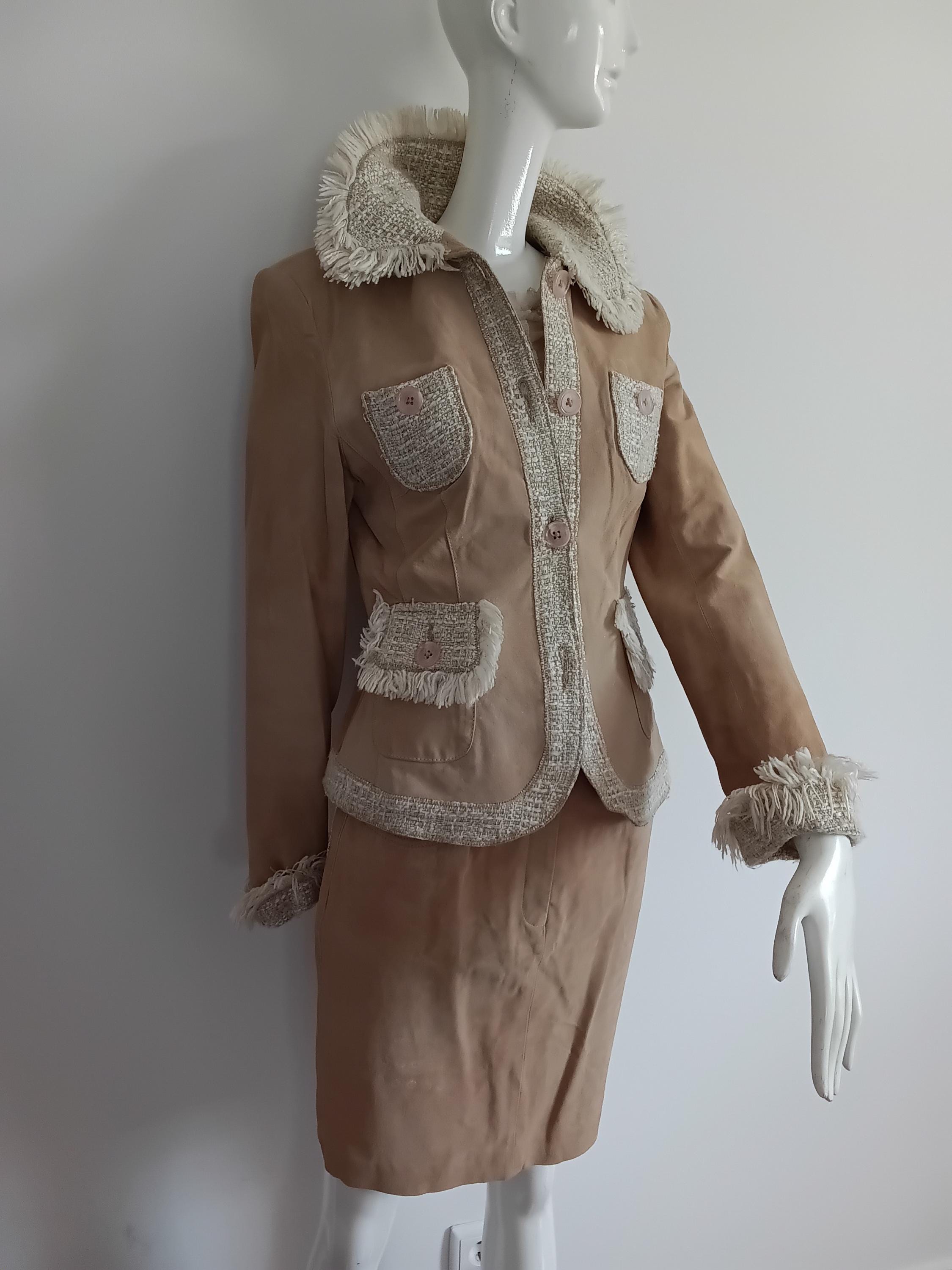 Vintage blazer et jupe cuir velours & tweed beige frangé — Style Haute Couture — Taille 36