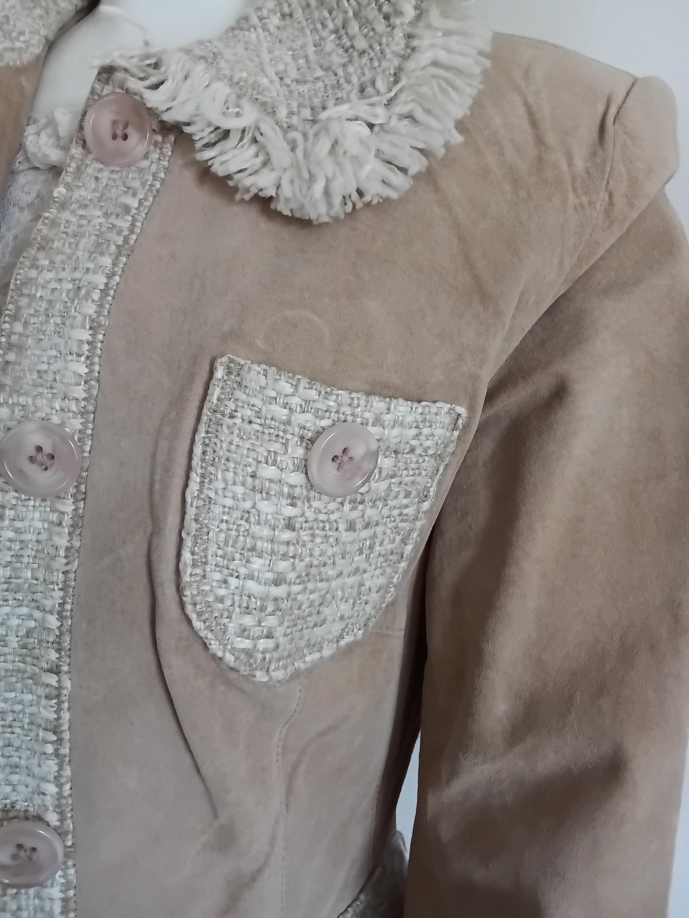 Vintage blazer et jupe cuir velours & tweed beige frangé — Style Haute Couture — Taille 36