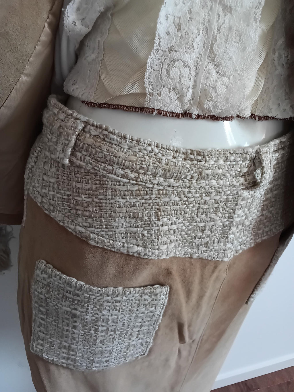 Vintage blazer et jupe cuir velours & tweed beige frangé — Style Haute Couture — Taille 36