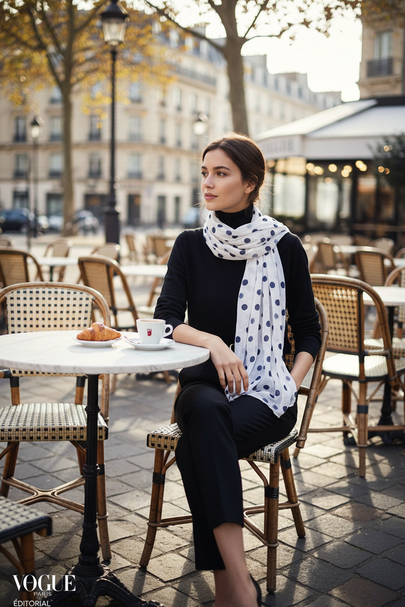 Foulard blanc pois marine café Paris