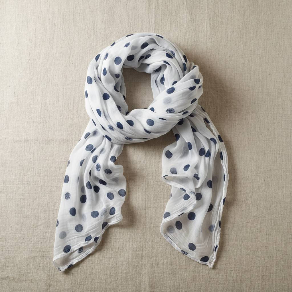 Foulard blanc pois marine sur fond beige