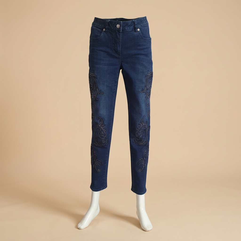 Vue de face du jean bleu Madeleine sur fond beige, avec ses arabesques à strass et sa coupe près de la jambe. 