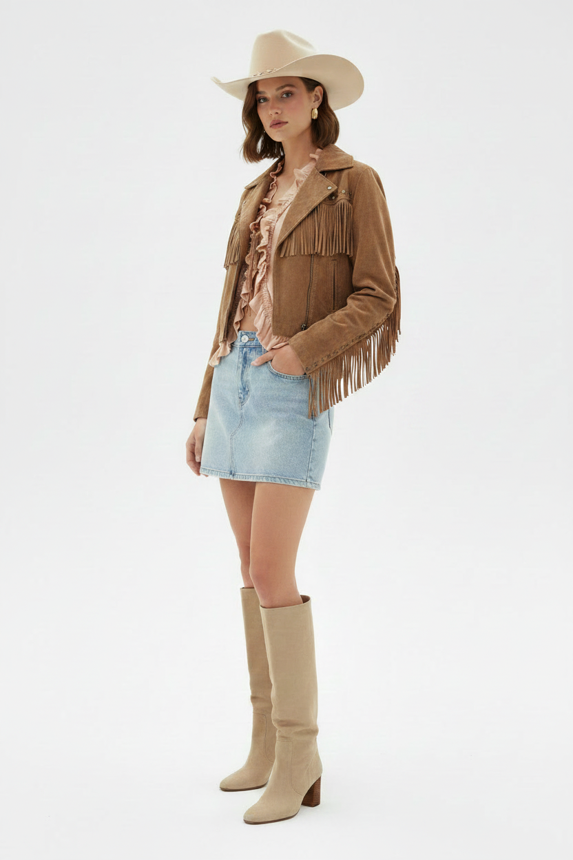Look complet — débardeur + mini jupe jean + bottes daim + chapeau cowboy + veste franges