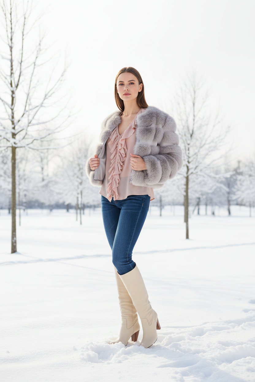 Look hivernal — débardeur volants, veste fourrure, jean, bottes Bianca