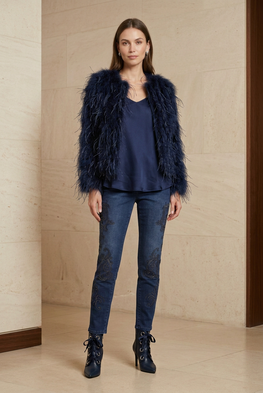 Jean bleu à arabesques et strass Madeleine porté avec un haut et une veste à plumes bleu nuit et des bottines à lacets.