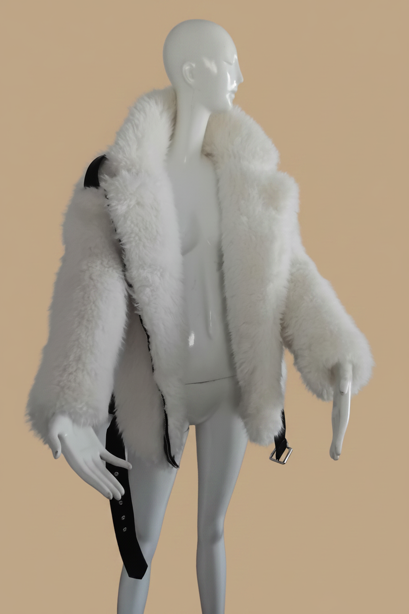 Manteau fourrure blanche fond beige