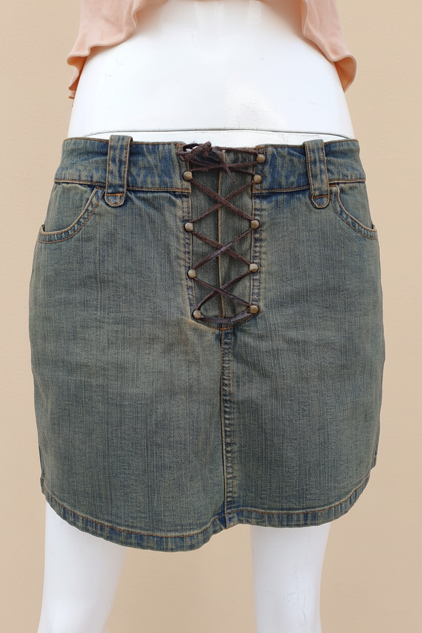 Mini jupe denim lacets fond beige