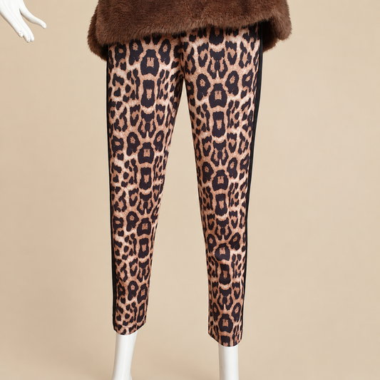 Pantalon droit léopard AMY VERMONT porté sur mannequin avec une tunique taupe, sur fond beige