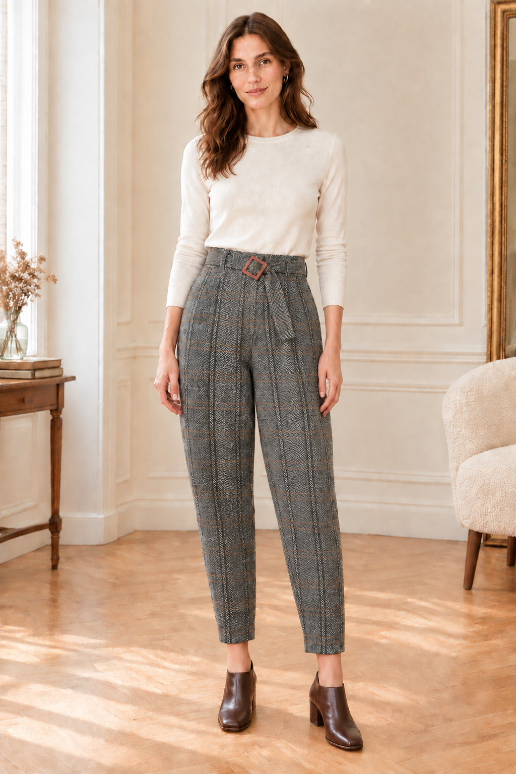 Pantalon Madeleine porté sur mannequin dans un salon privé
