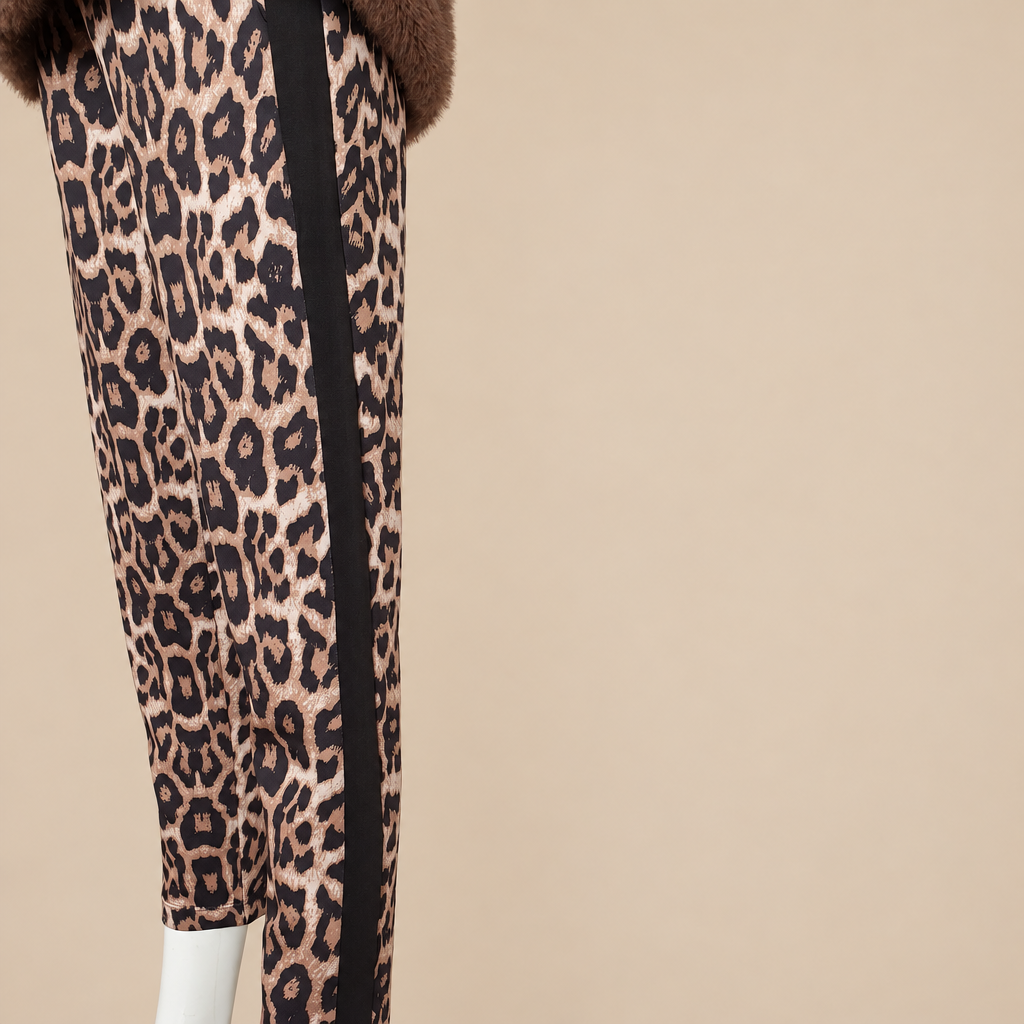 Vue latérale du pantalon léopard AMY VERMONT avec bande noire, sur fond beige