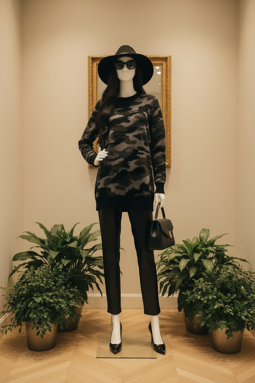 Pull tunique camouflage laine vierge perles noires — vitrine boutique parisienne