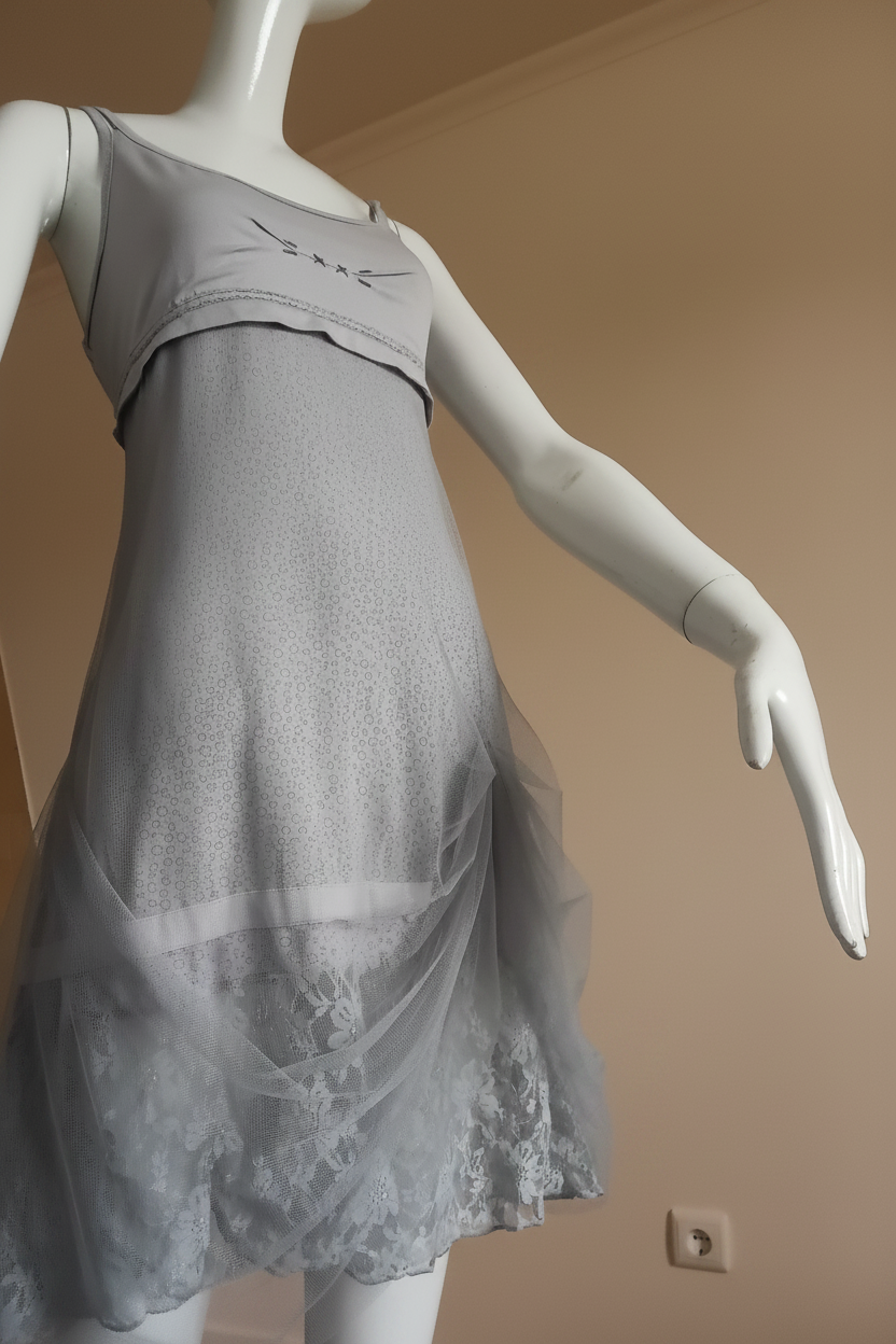 Robe dentelle grise fond beige