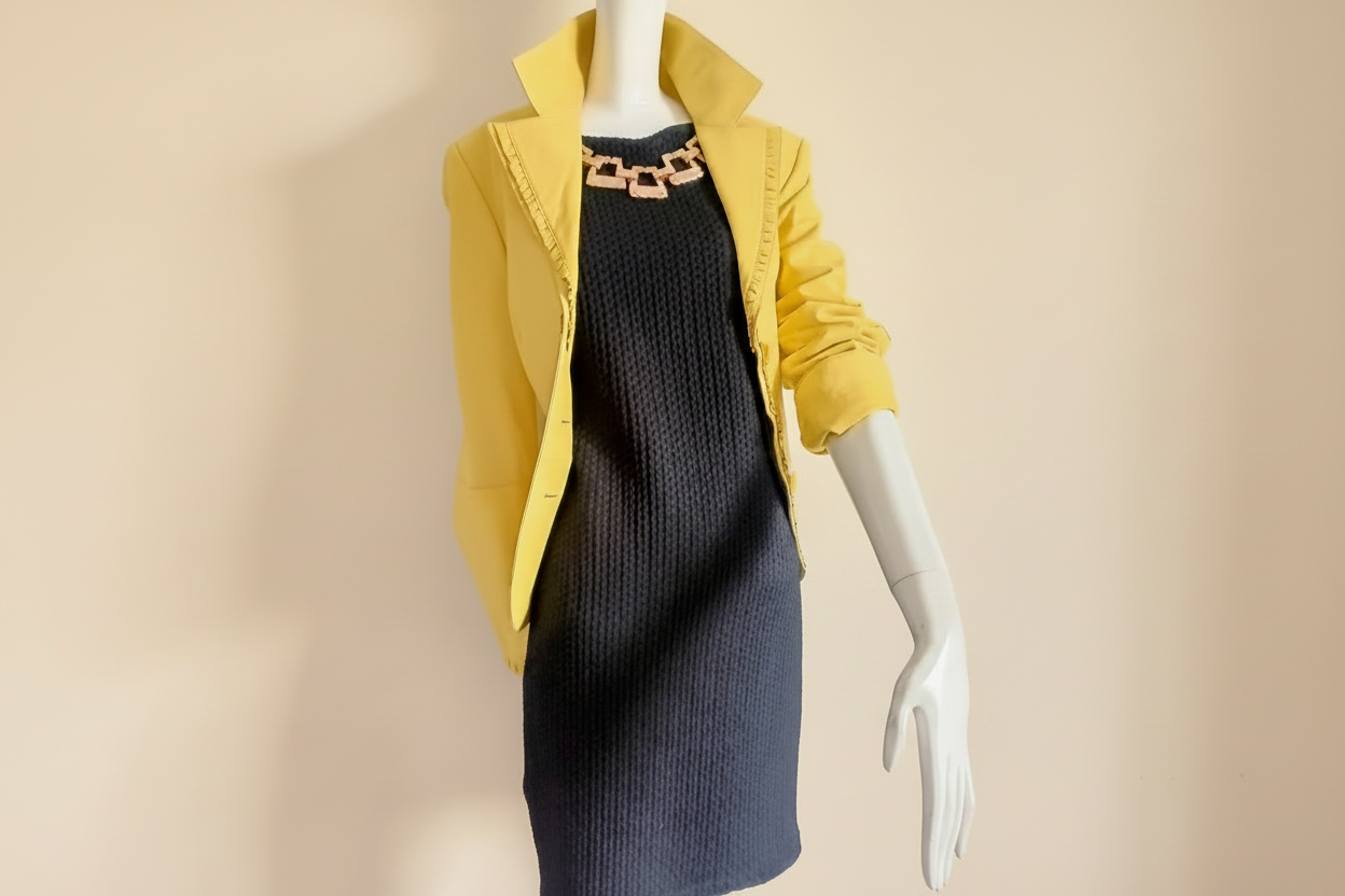 Robe Noire Gaufrée fond beige, vue de face avec veste cuir jaune