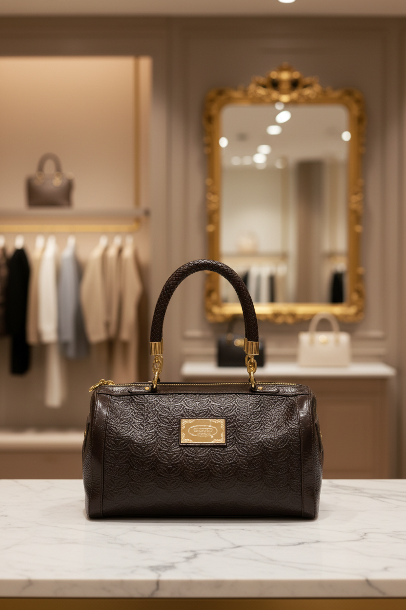 Sac bowling Silvio Tossi cuir embossé chocolat — vitrine boutique Élégance Intemporelle