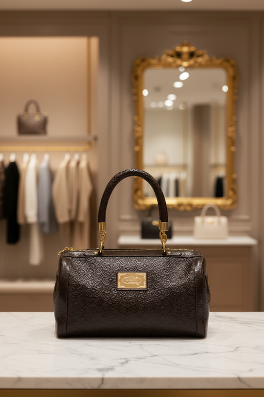Sac bowling Silvio Tossi cuir embossé chocolat — vitrine boutique Élégance Intemporelle