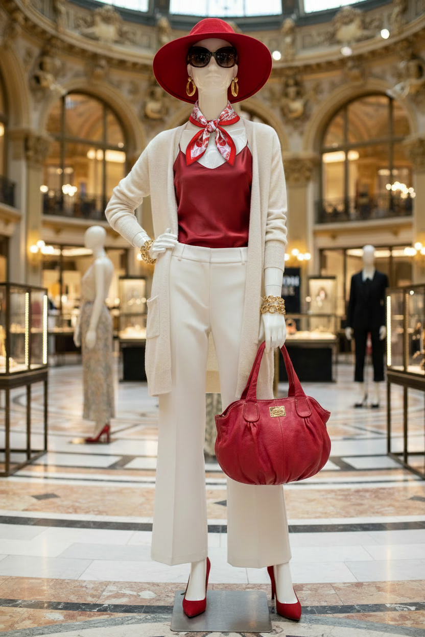 Sac Silvio Tossi + carré soie lèvres et pantalon Palazzo — grand magasin parisien