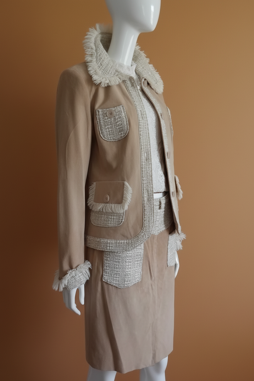 Tailleur camel tweed dentelle fond chaud