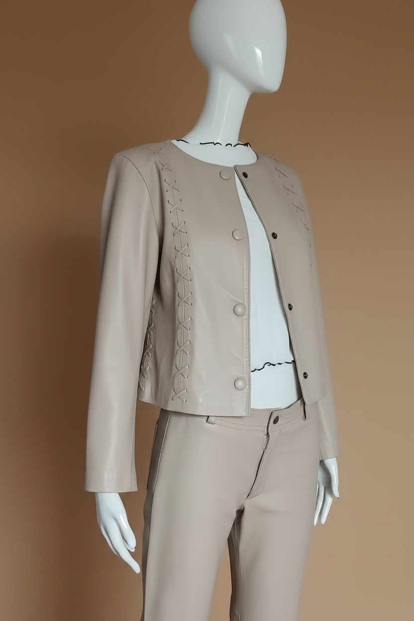 Tailleur cuir beige fond beige