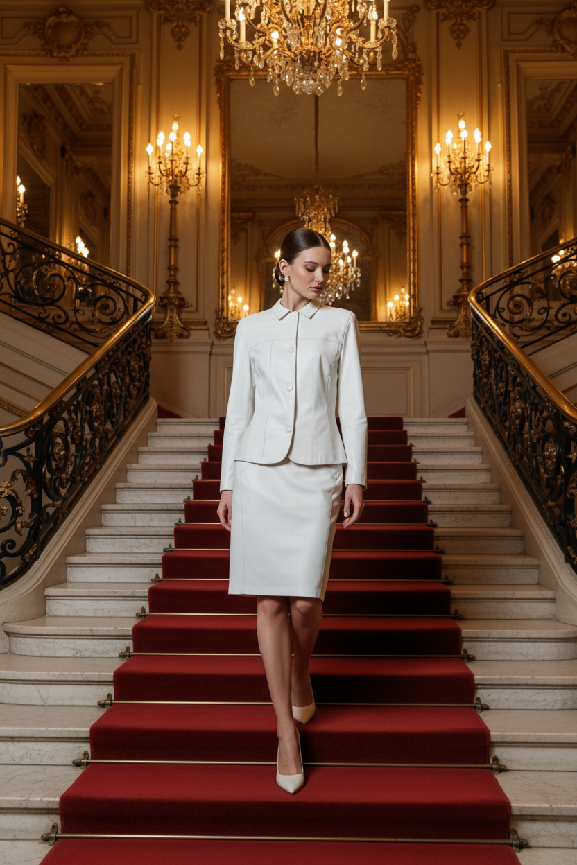 Tailleur cuir blanc — Escalier hôtel de luxe