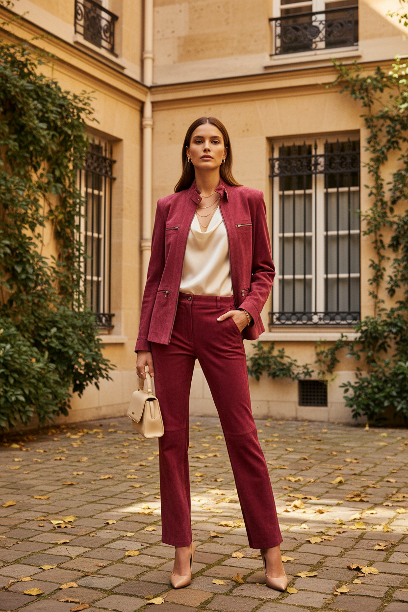 Tailleur cuir velours framboise cour parisienne automne