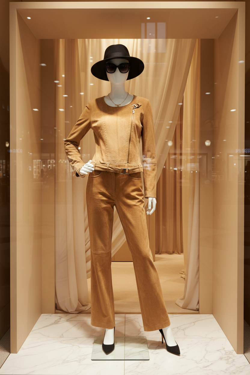Tailleur pantalon vintage daim moutarde sur mannequin en vitrine parisienne — chapeau noir, lunettes noires, escarpins noirs et bijoux dorés