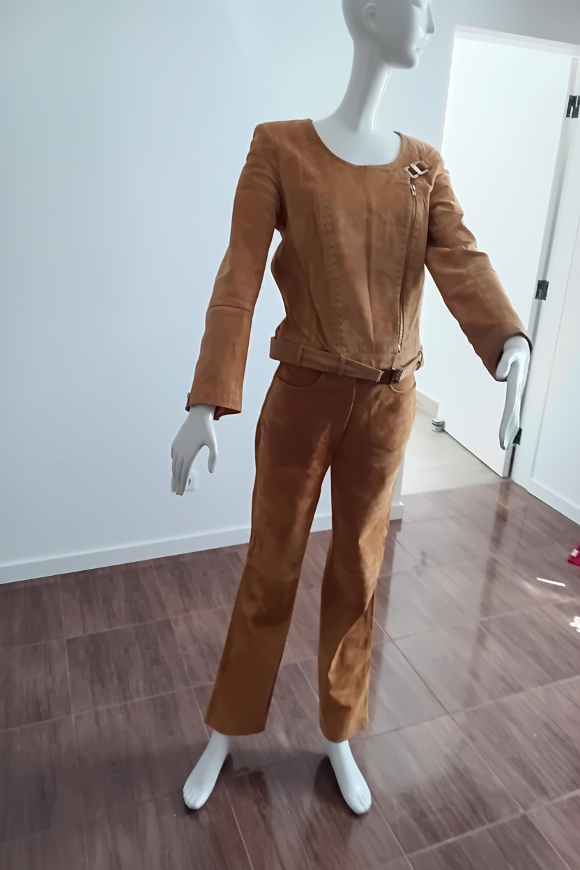 Tailleur daim moutarde années 2000 — vue de trois quarts sur mannequin, détail surpiqûres et ceinture intégrée