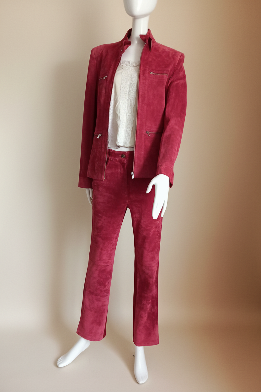 Tailleur framboise fond beige