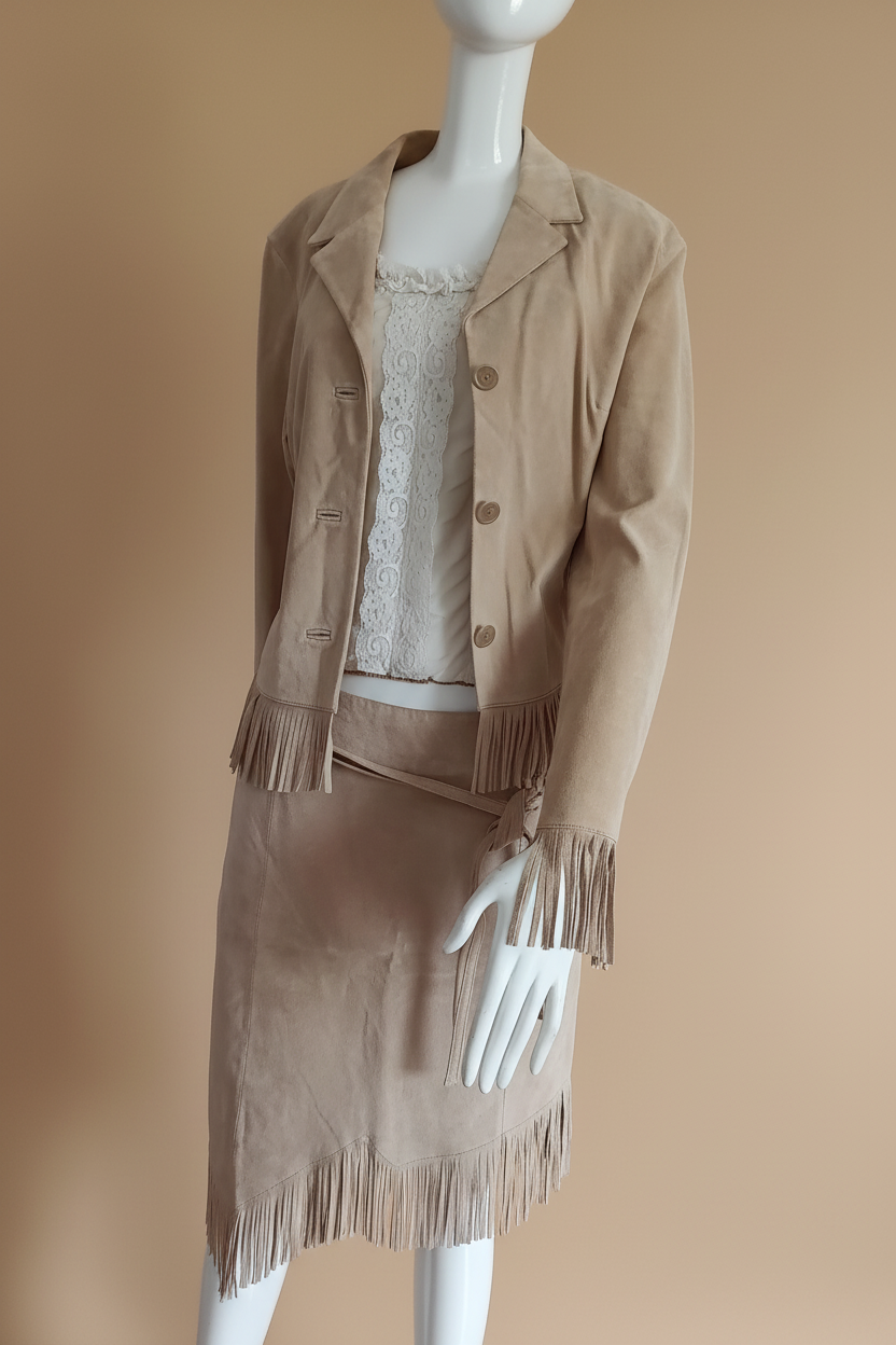 Tailleur franges beige fond chaud