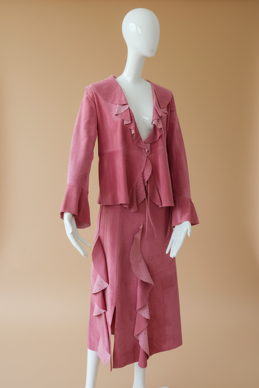 Tailleur rose fond beige
