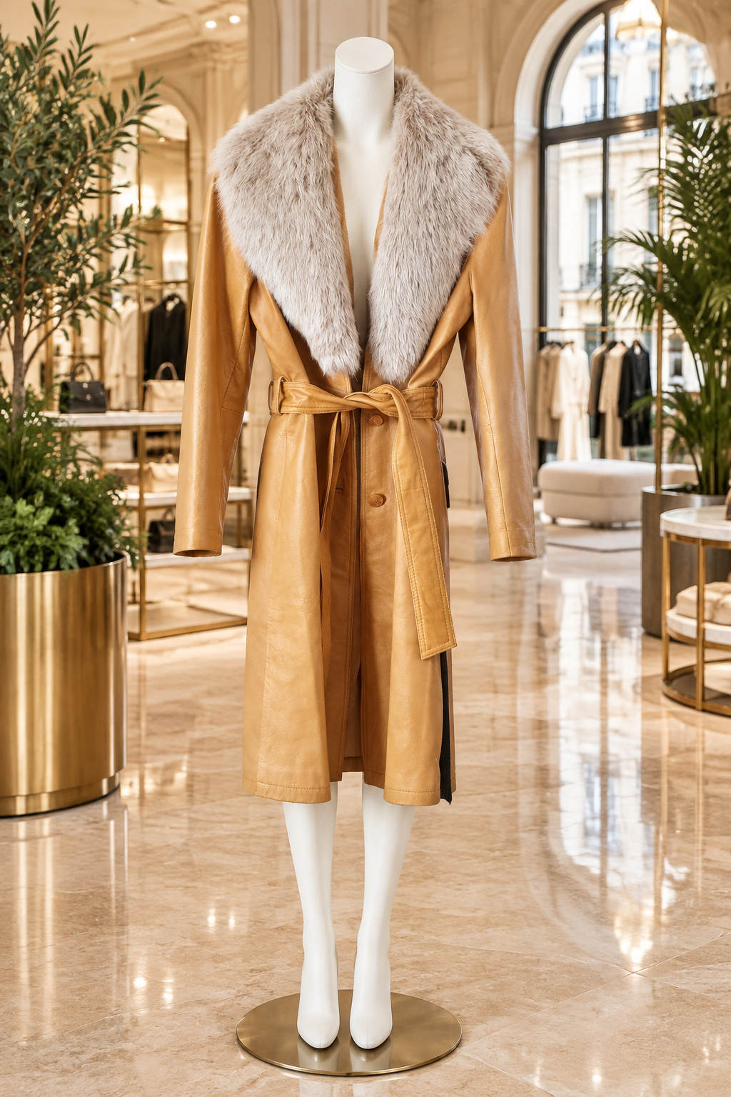 Trench sur mannequin blanc dans un grand magasin parisien avec des plantes vertes