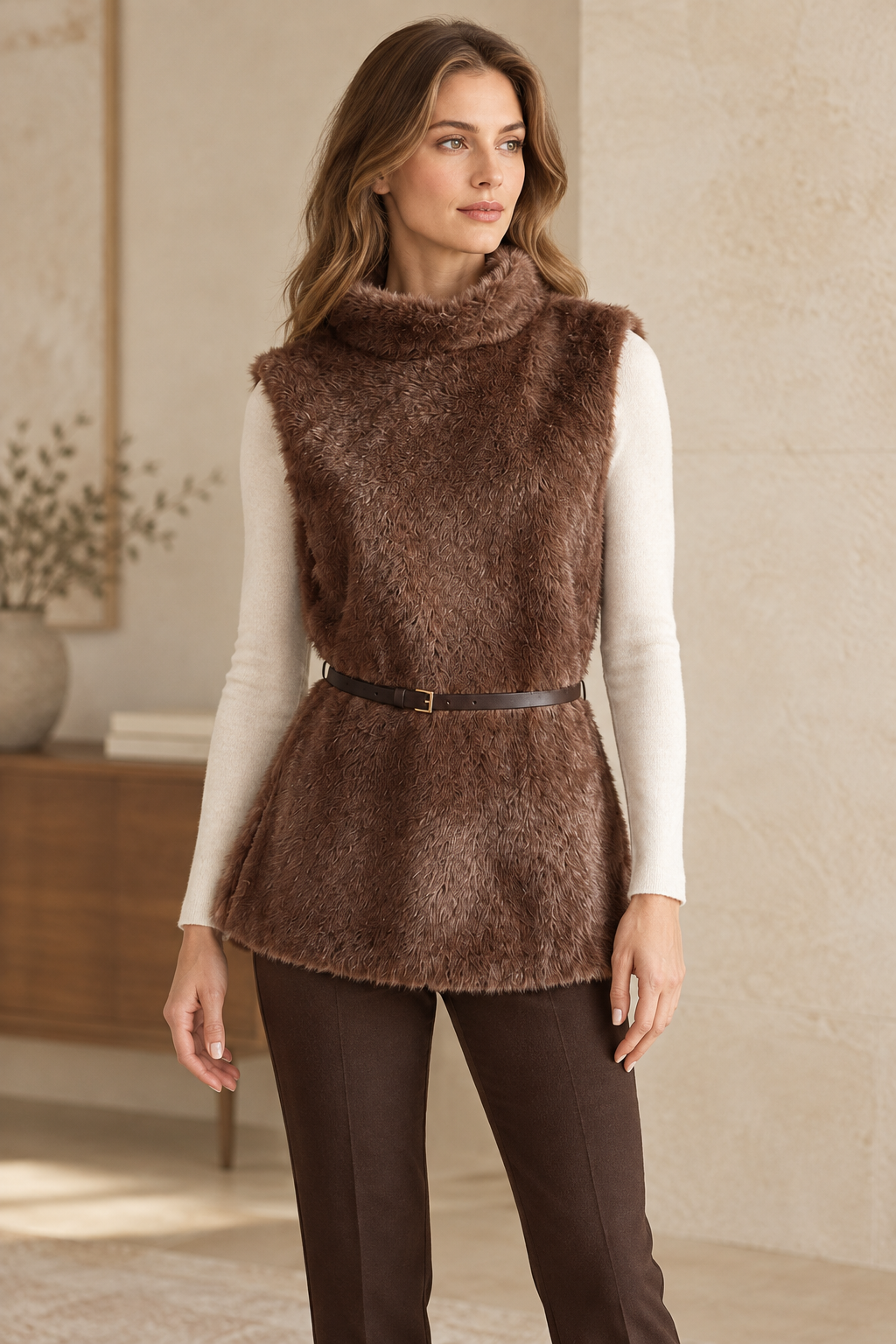 Tunique taupe portée par une femme dans un intérieur élégant