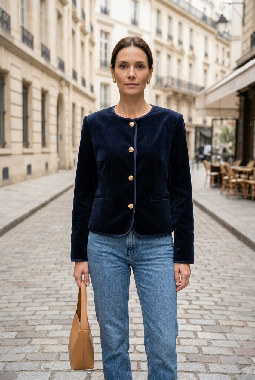 Veste bleu nuit à manches longues portée avec un jean en ville