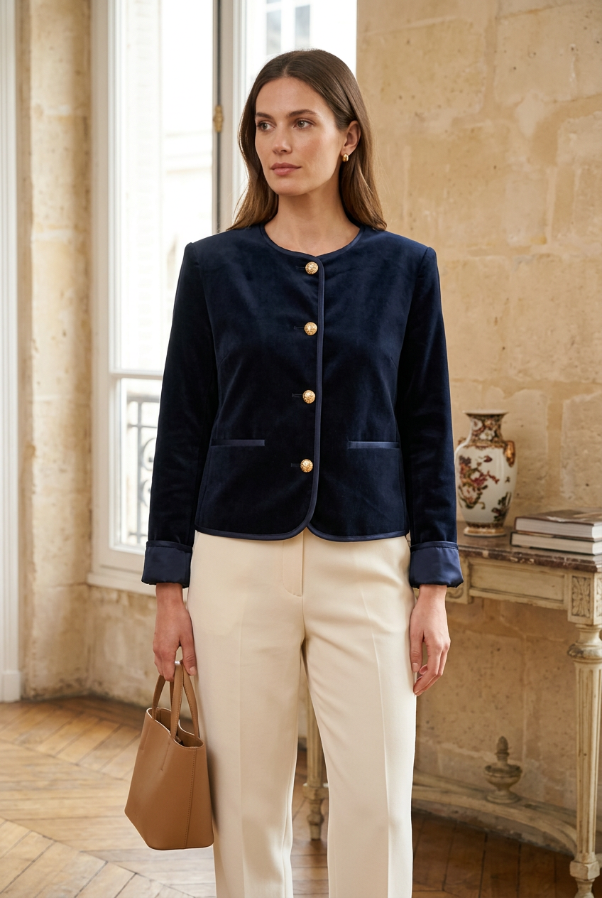 Veste bleu nuit portée par un mannequin dans un intérieur parisien lumineux