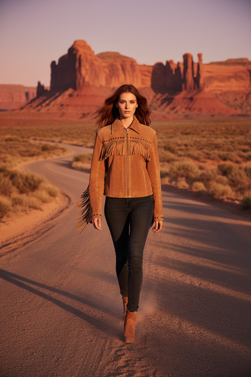 Veste daim camel franges — Désert américain